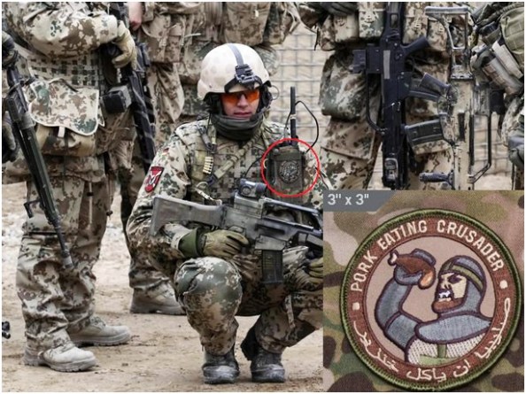 German soldier, Afghanistan, part of the NATO ISAF (Internatiional Security Assistance FOrce) forces. Note that the patch is in Arabic as well as English so that the meaning is not obscured.